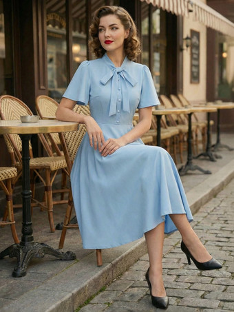 ライトスカイブルーヴィンテージ ボウタイネック フラッタースリーブ エレガント Aライン スイング カクテルドレス レディース 2026