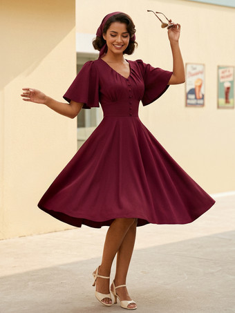 レッド Vネック、ルーシュ、フロントボタン装飾、フラッタースリーブ、レトロスウィングドレス（レディース）2026