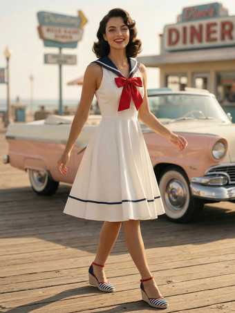 ホワイト セーラーカラー ボウノット ノースリーブ レトロ スイング Aライン ドレス レディース 2026