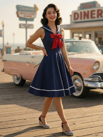 セーラーカラー ボウノット ノースリーブ レトロ スイング Aライン ドレス レディース 2026