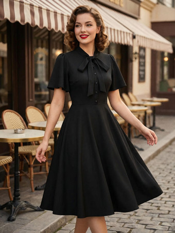 ヴィンテージ ボウタイネック フラッタースリーブ エレガント Aライン スイング カクテルドレス レディース 2026