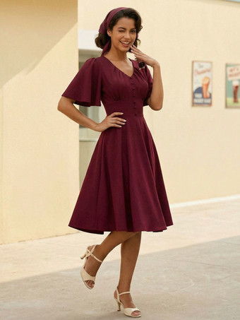 Vネック、ルーシュ、フロントボタン装飾、フラッタースリーブ、レトロスウィングドレス（レディース）2026