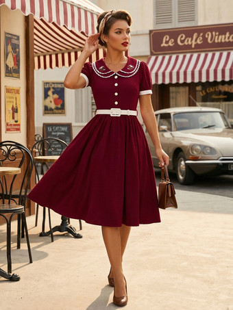 バーガンディーダブルレイヤー ピーターパンカラー 刺繍 パフスリーブ スウィングドレス レディース 2026