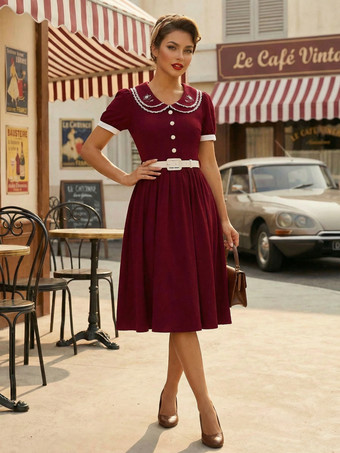 ダブルレイヤー ピーターパンカラー 刺繍 パフスリーブ スウィングドレス レディース 2026