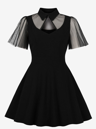 メッシュパッチワーク くり抜きネックライン Aライン スケータードレス レディース 2026