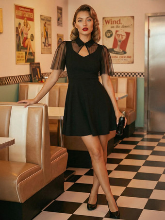 メッシュパッチワーク くり抜きネックライン Aライン スケータードレス レディース 2026