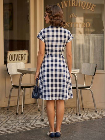 Gingham Vintage Dress Short Sleeve Hepburn Style A-line Midi Dress For Women 2026
