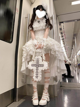 ゴシックロリータ衣装 黒 ティアード レース フリル ジャカード 装飾襟 ティーパーティー 半袖 ブラウス スカート