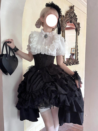 ホワイト＋ブラックゴシックロリータ衣装 黒 ティアード レース フリル ジャカード 装飾襟 ティーパーティー 半袖 ブラウス スカート