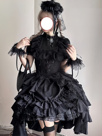 ブラック ゴシックロリータ衣装 黒 ティアード レース フリル ジャカード 装飾襟 ティーパーティー 半袖 ブラウス スカート