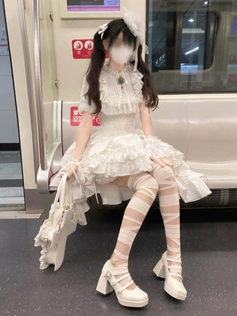 ホワイト ゴシックロリータ衣装 黒 ティアード レース フリル ジャカード 装飾襟 ティーパーティー 半袖 ブラウス スカート