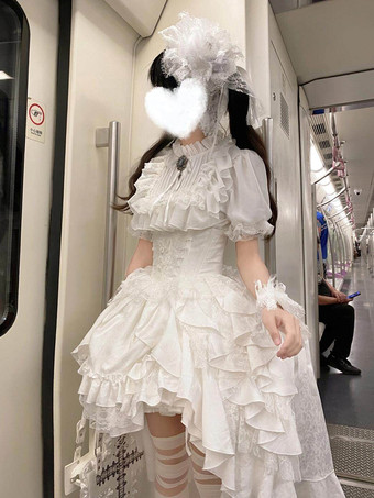 ゴシックロリータ衣装 黒 ティアード レース フリル ジャカード 装飾襟 ティーパーティー 半袖 ブラウス スカート