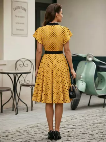 polka dot waist tie midi dress Women's Vintage Polka Dot Midi Dress Short Sleeve V-Neck Button Down Casual  Summer Dress with Adjustable Waist Tie,Navy 2XL