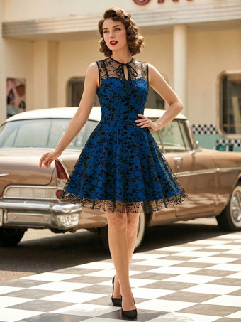 Blau Besticktes Kleid mit Rundhalsausschnitt ärmellos mit Schnürung Retro-Glamour-Kleid