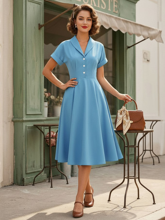 ライトスカイブルーヴィンテージ グラマー ドレス ターンダウン カラー ボタン 1950 年代 オードリー ヘップバーン スタイル 半袖 ミディアム イエロー ロカビリー ドレス