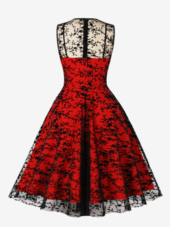 Besticktes Kleid mit Rundhalsausschnitt ärmellos mit Schnürung Retro-Glamour-Kleid