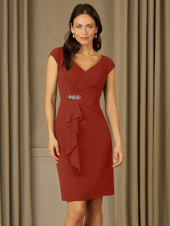 ブリックレッドブライダルマザードレス Vネック半袖プリーツラインストーン詳細ゲストドレス結婚式用