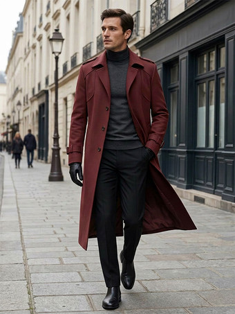 BurgundyMen's Single Breasted Jackets Long Coats Camel Longline Slim Fit Coats