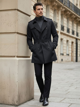 noir Vestes Hommes Manteaux Col Rabattu Confortable Bleu Foncé Double Boutonnage