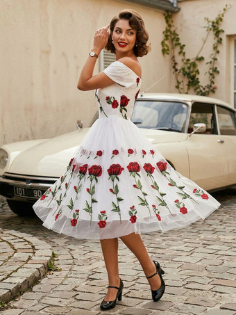 ローズ刺繍入りヴィンテージミディスイングドレス（女性用） - 1950年代風オフショルダー、オードリー・ヘプバーン風Aライン - サマーティーパーティー2026