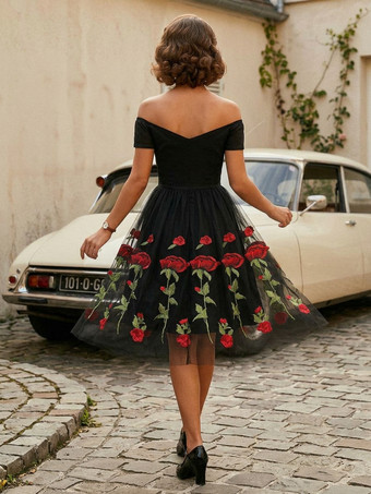 ローズ刺繍入りヴィンテージミディスイングドレス（女性用） - 1950年代風オフショルダー、オードリー・ヘプバーン風Aライン - サマーティーパーティー2026