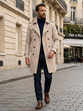 アイボリー メンズダブルブレストコート ミドル丈スリムコート ブリティッシュスタイル ウィンドブレーカー