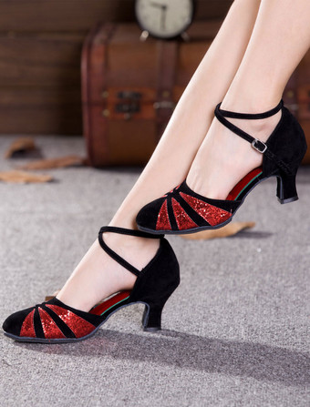 Black Dance Shoes Suede Round Toe Criss Cross Ballroom Shoes Kitten Heel Dancing Shoes For Women