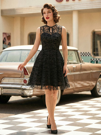 SchwarzBesticktes Kleid mit Rundhalsausschnitt ärmellos mit Schnürung Retro-Glamour-Kleid