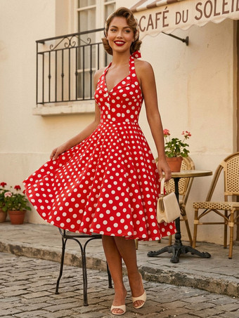 レッド ヴィンテージ 1950年代 ポルカドット ミディ スイングドレス レディース - ホルターネック Aライン ロカビリー ピンナップ サンドレス - ホリデー ピクニック 2026