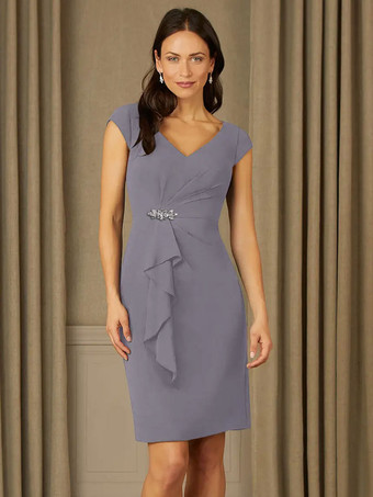 スレートグレー ブライダルマザードレス Vネック半袖プリーツラインストーン詳細ゲストドレス結婚式用