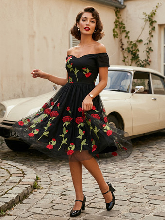 ブラック ローズ刺繍入りヴィンテージミディスイングドレス（女性用） - 1950年代風オフショルダー、オードリー・ヘプバーン風Aライン - サマーティーパーティー2026