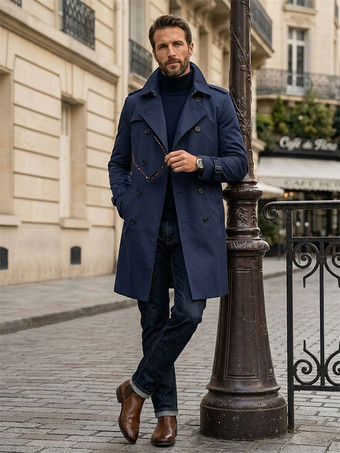 ディープブルーメンズダブルブレストコート ミドル丈スリムコート ブリティッシュスタイル ウィンドブレーカー