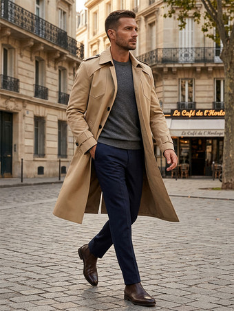 khaki Men's Suit Coat Notched Lapel Collar Longline Coat