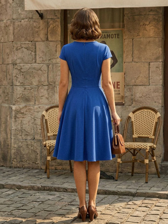 ヴィンテージドレス　1950年代オードリーヘップバーン風　ジュエルネック　カットアウト　半袖　二次会　お呼ばれ　発表会　ミディアムスイングドレス