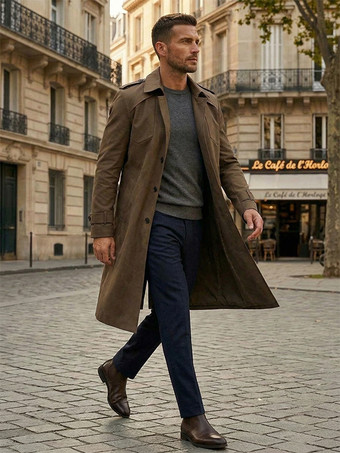 Coffee BrownMen's Suit Coat Notched Lapel Collar Longline Coat