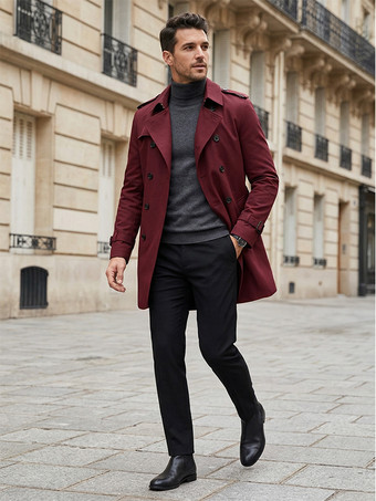 BordeauxVestes Hommes Manteaux Col Rabattu Confortable Bleu Foncé Double Boutonnage