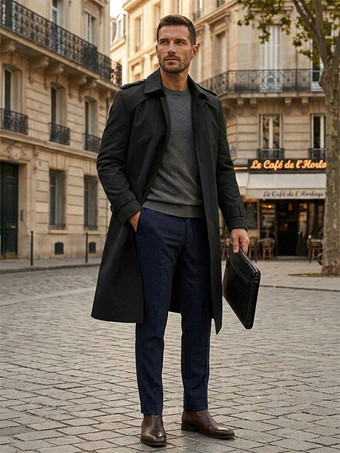 Black Men's Suit Coat Notched Lapel Collar Longline Coat