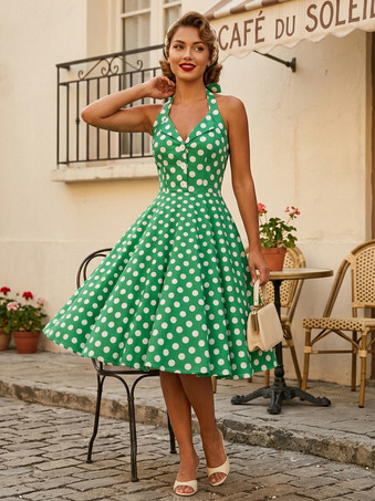 ヴィンテージ 1950年代 ポルカドット ミディ スイングドレス レディース - ホルターネック Aライン ロカビリー ピンナップ サンドレス - ホリデー ピクニック 2026