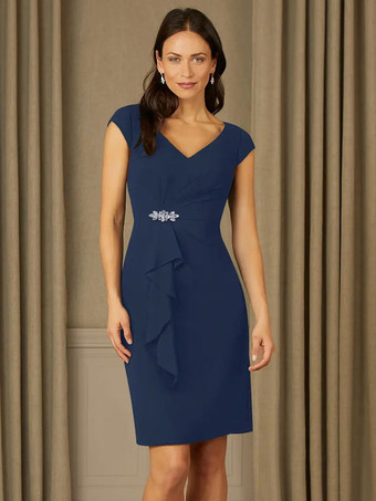 ダズリンブルーブライダルマザードレス Vネック半袖プリーツラインストーン詳細ゲストドレス結婚式用