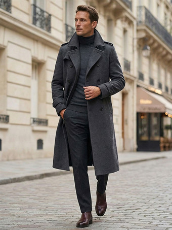 メンズ ロングラインコート ウール ノッチドラペルカラー キャメル スリムフィット オーバーコート