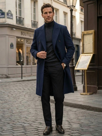 Blu scuro Cappotti di lana da uomo cappotti lunghi a doppiopetto di media lunghezza