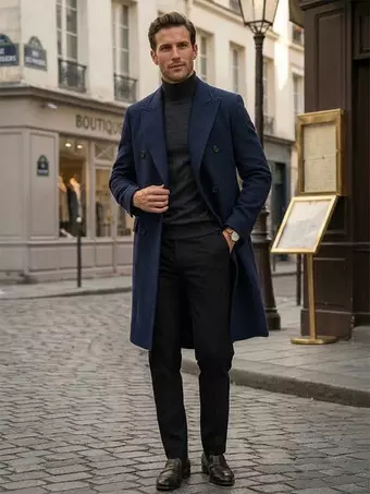 メンズ ウールコート ミドル丈 ダブルブレスト ロングライン