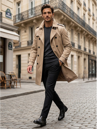 khaki Men Belted Long Sleeve Double Breasted Coats