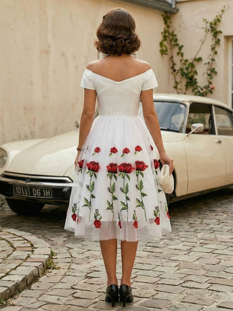 ローズ刺繍入りヴィンテージミディスイングドレス（女性用） - 1950年代風オフショルダー、オードリー・ヘプバーン風Aライン - サマーティーパーティー2026