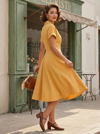 ヴィンテージ グラマー ドレス ターンダウン カラー ボタン 1950 年代 オードリー ヘップバーン スタイル 半袖 ミディアム イエロー ロカビリー ドレス