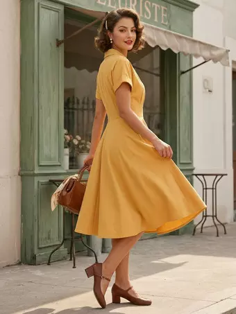yellow midi dress with buttons Yellow Short Sleeve Button Down Midi Dress Cremadress