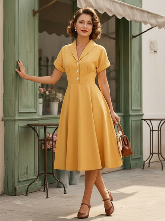 ヴィンテージ グラマー ドレス ターンダウン カラー ボタン 1950 年代 オードリー ヘップバーン スタイル 半袖 ミディアム イエロー ロカビリー ドレス