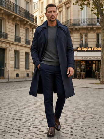 Deep Blue Men's Suit Coat Notched Lapel Collar Longline Coat