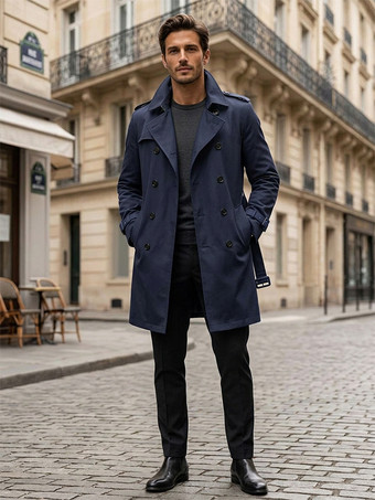 Deep Blue Men Belted Long Sleeve Double Breasted Coats