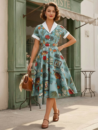 グリーン ヴィンテージ グラマー ドレス ターンダウン カラー ボタン 1950 年代 オードリー ヘップバーン スタイル 半袖 ミディアム イエロー ロカビリー ドレス